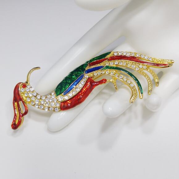 Vintage Large "Bird of Paradise" Brooch, Bright Enamel, Clear Rhinestones, 1990s - Picture 9 of 10